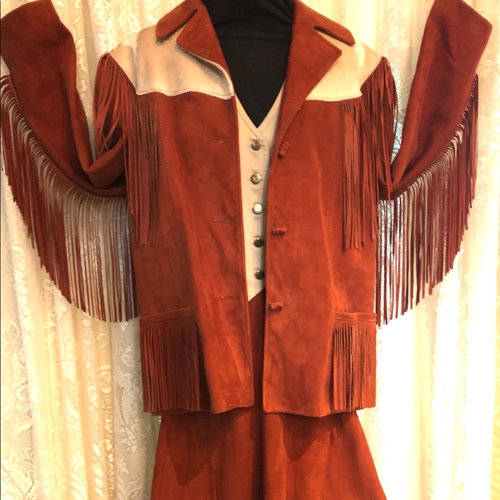1950 Western Desert Suede fringe leather jacket pants skirt suit H Bar C museum - Picture 2 of 16